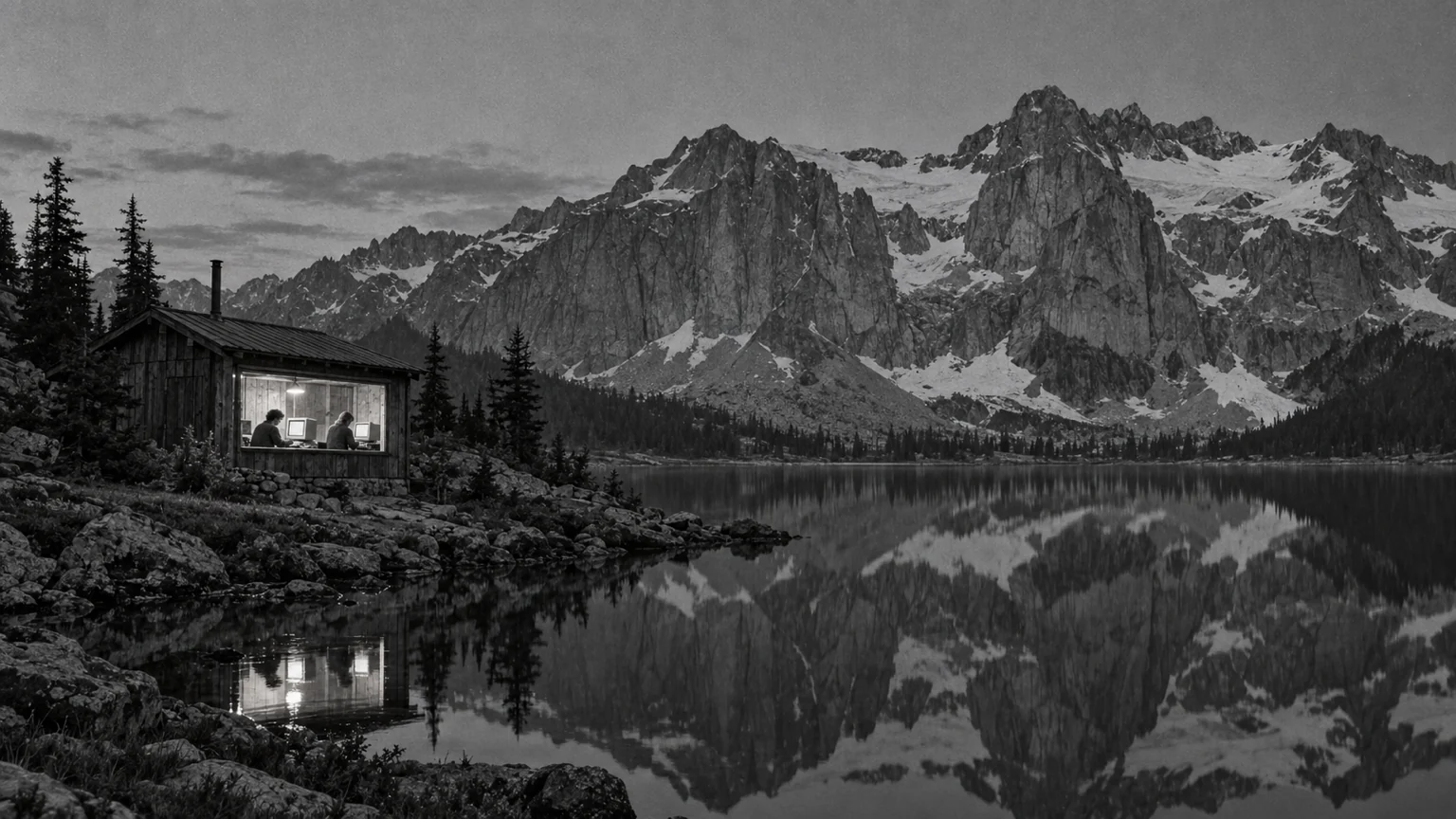 A lit cabin by a mountain lake where two people work late
