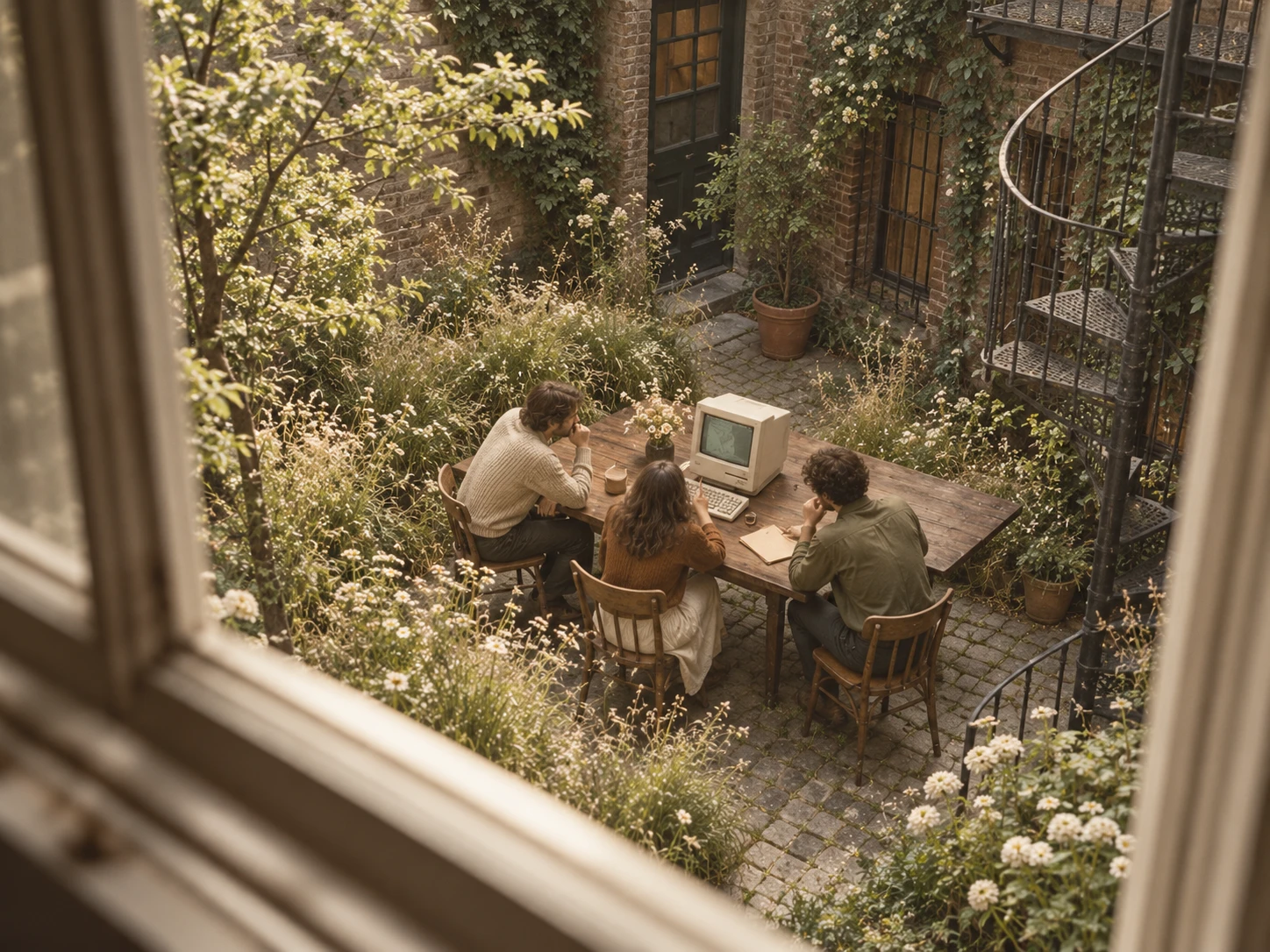 Three people collaborating around a vintage computer in a leafy New York courtyard