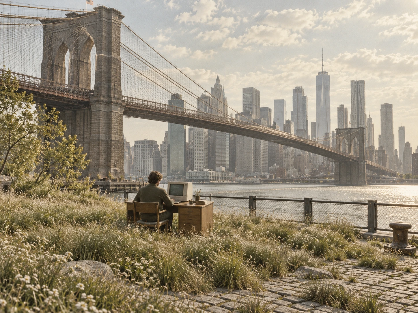 A builder at a desk in a meadow beside the Brooklyn Bridge