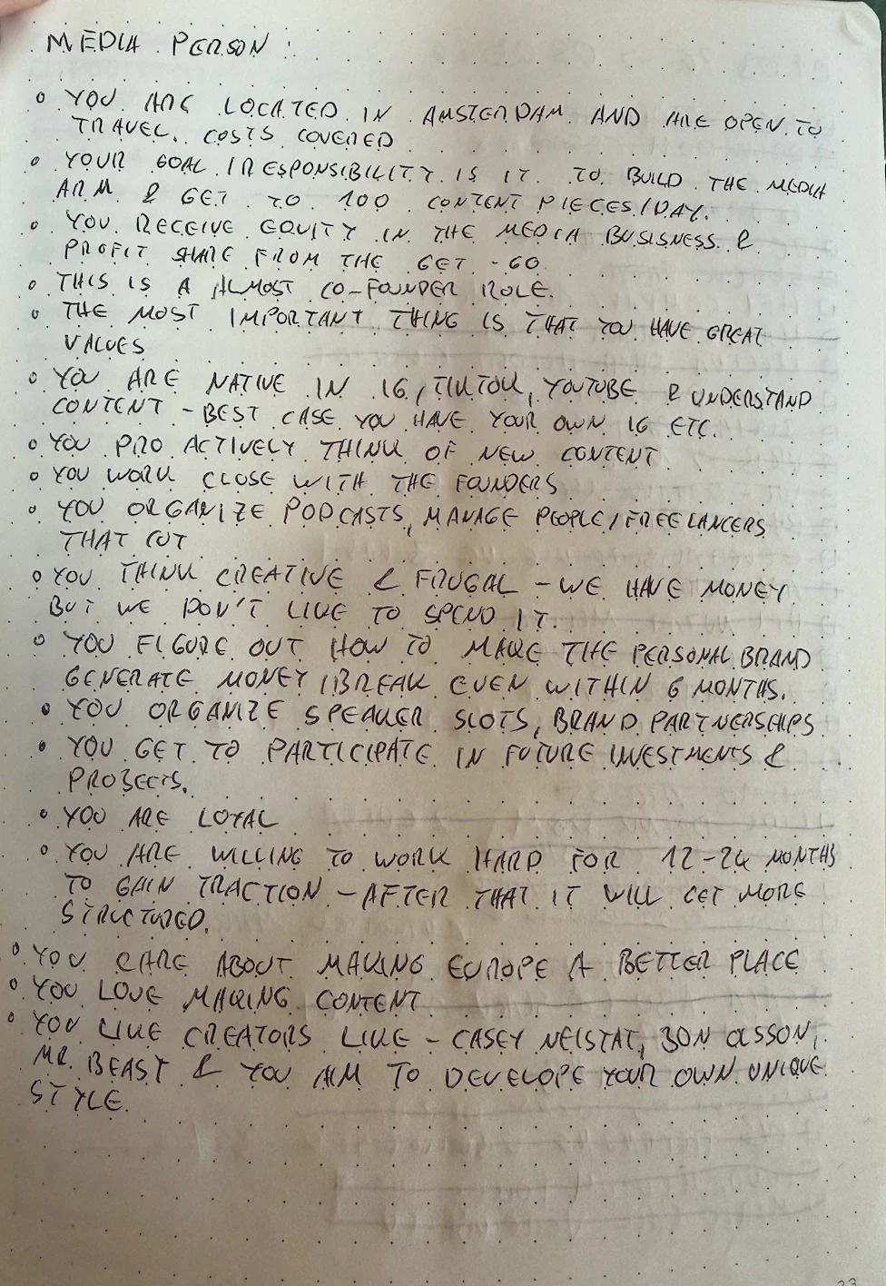 The original handwritten notes for the Founding Media Lead role