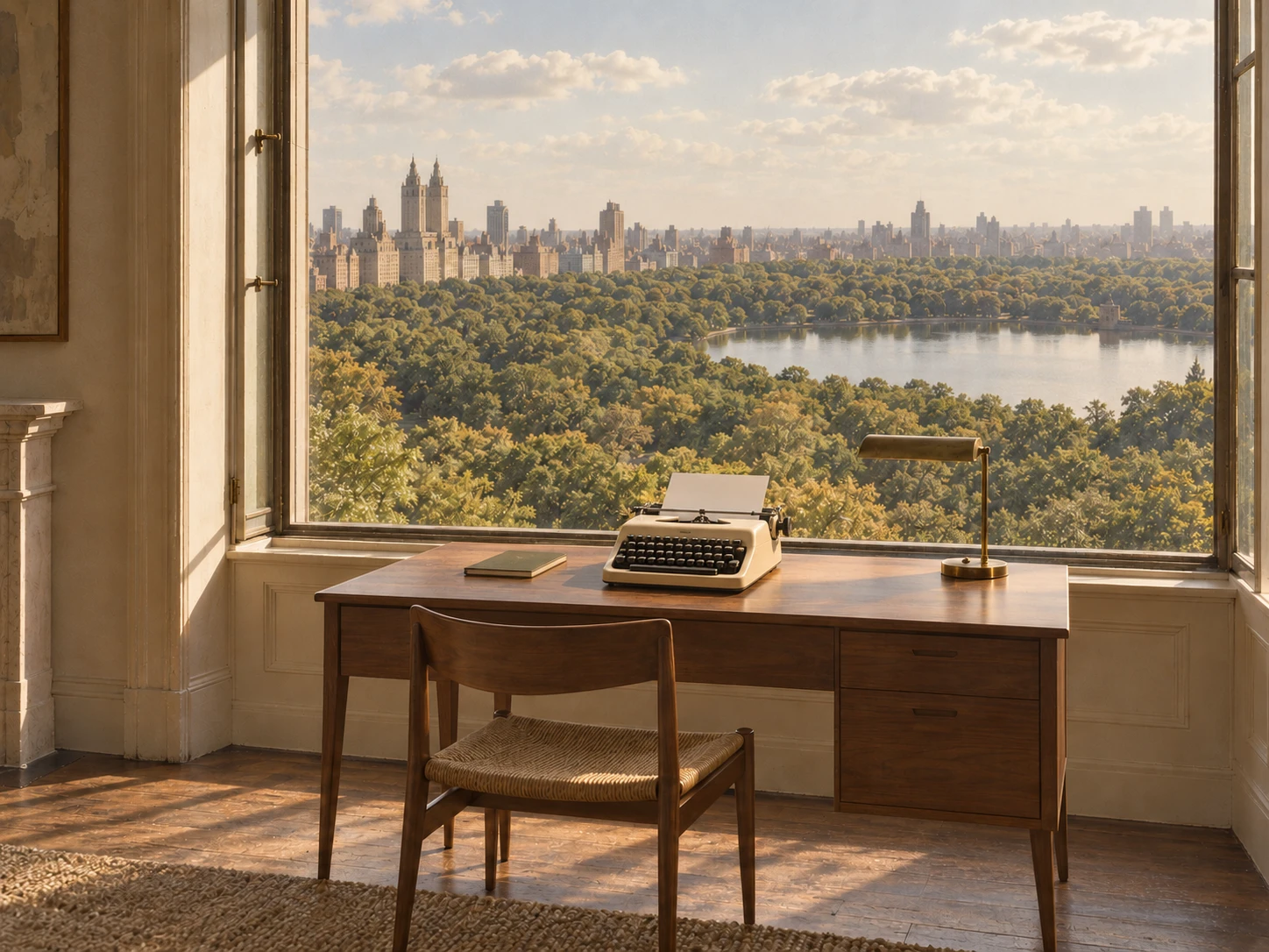 A vintage typewriter on a walnut desk overlooking Central Park