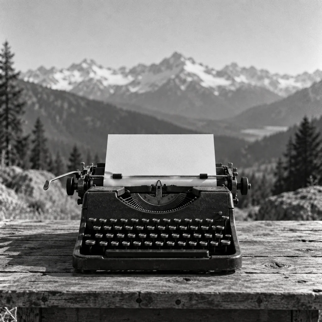 A typewriter and handwritten pages on a wooden desk